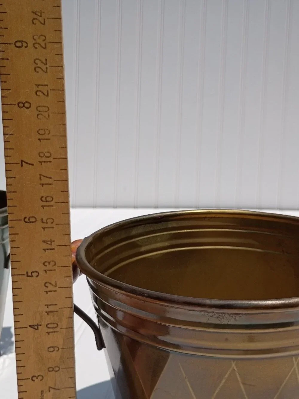 Vintage Brass Planters with Wooden Handles Set of 2 Diamond Pattern Pot Cachepot